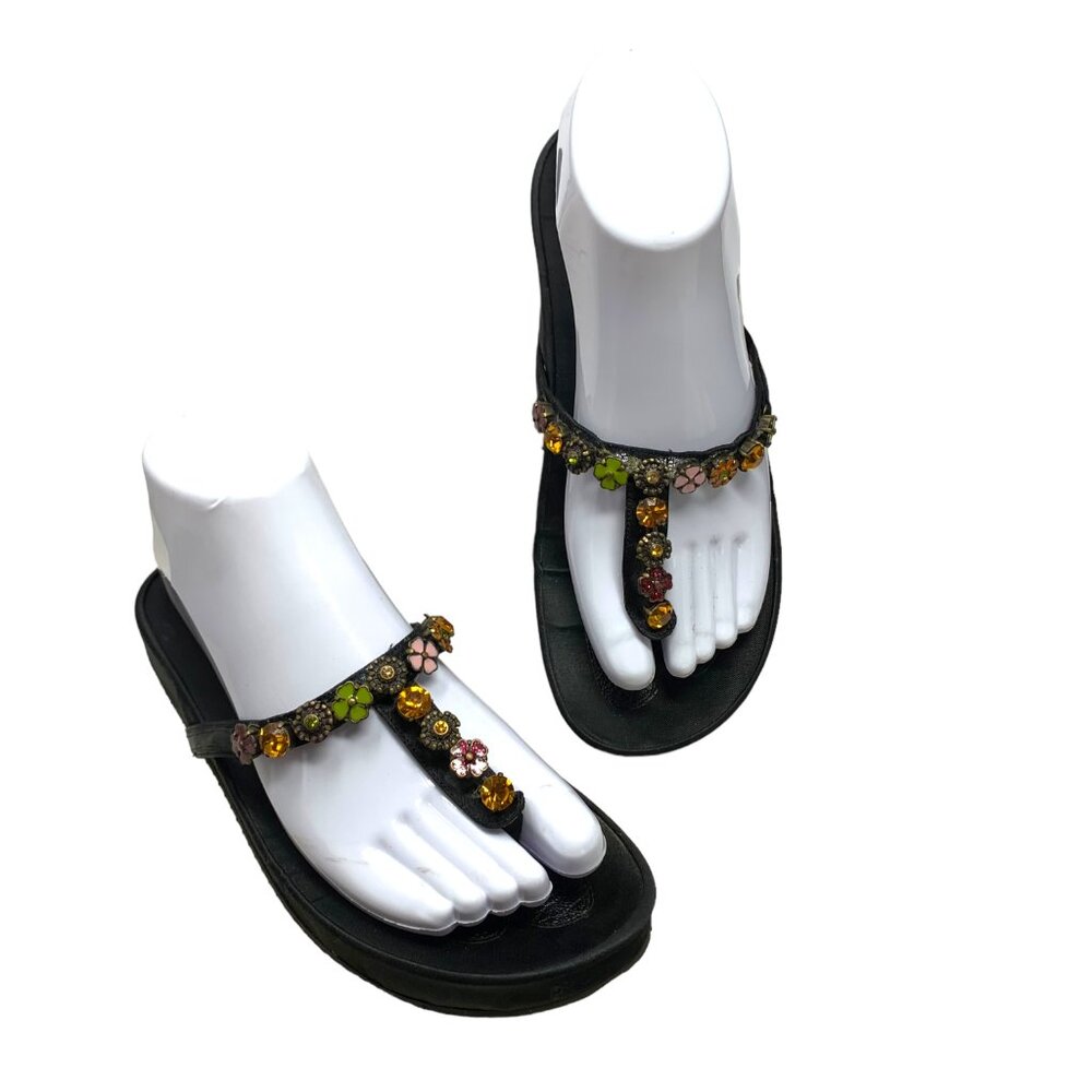 Albano Black Satin Leather Bejeweled‎ Toe Post Sandals